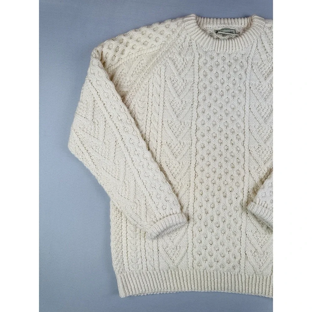 Vintage Carraig Donn Merino Wool Irish Fisherman Cable Knit Sweater L Ireland